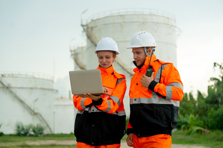 Two technician or gas factory workers discuss together in front of gas or petrochemical tank and they look happiness with their work.の写真素材