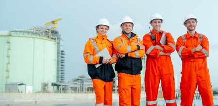 Group of petrochemical or gas factory workers or technicians stand with arm-crossed and stay in front of factory tank near the bay.の写真素材