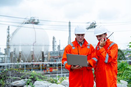 One engineer or gas factory worker use walkie-talkie to discuss with coworker and also use data in laptop to work and stay in front of gas factory tank in workplace.の写真素材