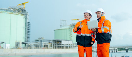 Petrochemical or gas factory workers or technician work in front of tank in factory with one woman hold walkie talkie and one man hold laptop and look to woman pointing direction.の写真素材