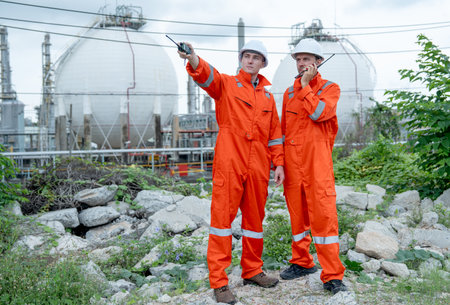 One engineer or gas factory worker point to his right side and discuss with the other one who use walkie-talkie and they stay in front of gas factory tank in workplace.の写真素材