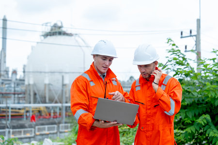 One engineer or gas factory worker point to laptop and discuss with the other one who use walkie-talkie and they stay in front of gas factory tank in workplace.の写真素材