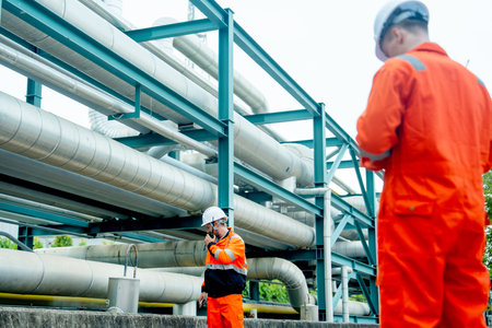 Two petrochemical or gas factory workers or engineers work together near pipeline in factory workplace.の写真素材