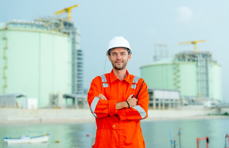 Petrochemical or gas factory worker stand with arm crossed and look at camera with smiling in front...