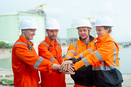 Group of petrochemical workers or technicians stand and hold hands together in front of factory tank.の写真素材