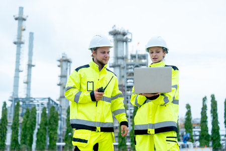 Front view of petrochemical or gas factory worker man use walkie talkie to contact other coworker...