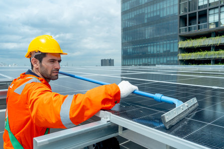 Profession engineer or technician worker use cleaning brush to clean solarcell panel in area of...