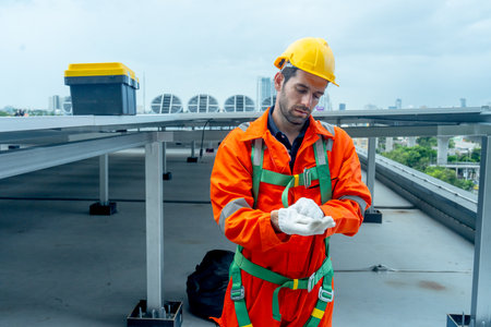 Engineer or technician worker wear glove before check or maintenance solar cell panel system on rooftop of factory building.の写真素材
