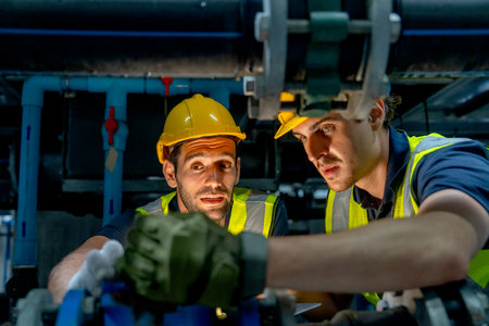 Close up engineer or technician worker check valve system of factory building also stay under the system structure.の写真素材