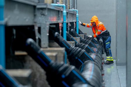 Wide shot of factory worker or technician with raincoat walk along pipe system and look up to...