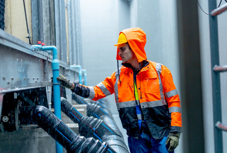Close up factory worker or technician with raincoat check and maintenance pipe system in area of factory building during raining.の写真素材