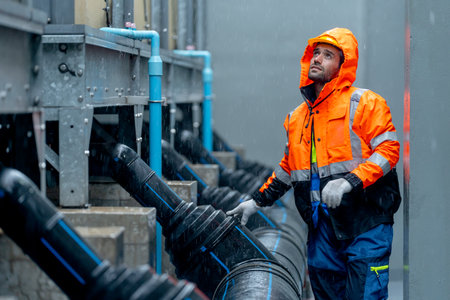 Factory worker or technician with raincoat walk along pipe system and look up to maintenance in area...