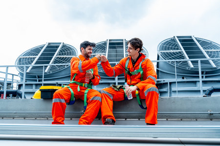 Two engineer or technician worker sit together to relax after finish their work and they action of...