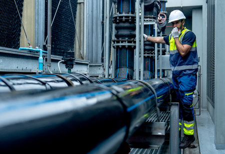 Engineer or technician worker use walkie talkie to contact co-worker  during work with temperature controling pipe system of factory building.の写真素材