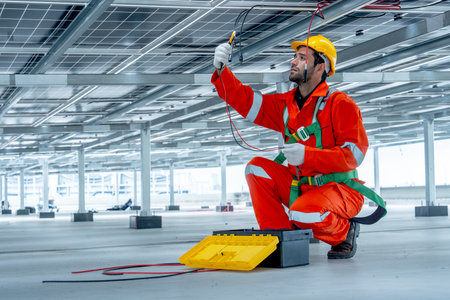 Professional technician worker or engineer use tools for maintenance or check system under solarcell...