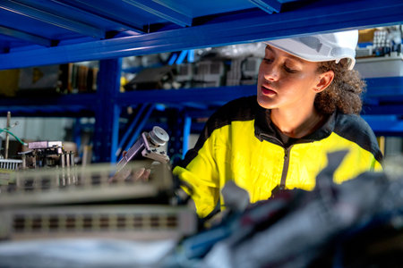 A focused female technician in a bright yellow safety jacket and white hard hat inspects a mechanical component beneath blue industrial shelving.