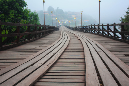 Wooden Mon bridge at Sangklaburi, Kanchanaburi, Thailandの写真素材