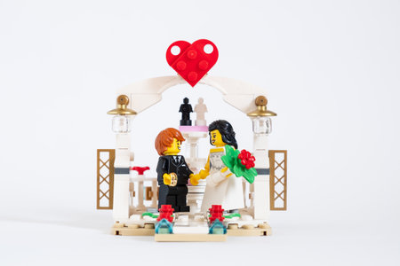 Bangkok,Thailand.December 21,2022 - Couple of Lego minifigure,bride and groom in wedding ceremony. white background. Studio shotのeditorial素材
