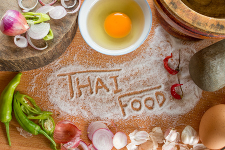 Thai food cooking ingredients and thai food handwrittenの写真素材
