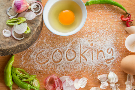 cooking ingredients and cooking handwritten ,top viewの写真素材