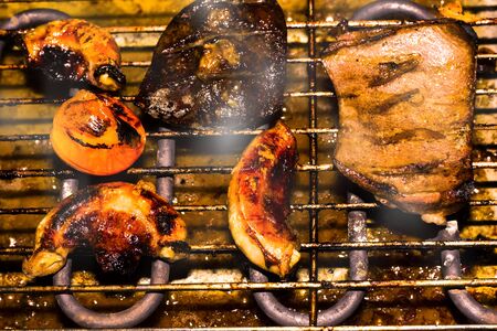 pork steak meat on bbq grill  home made Delicious coughの写真素材