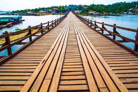 Big long wooden bridge Tourists love to take picturesの写真素材