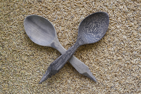Ladle with rice seed top viewの写真素材