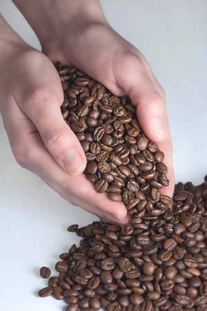 Coffee beans in women\'s hands.の写真素材