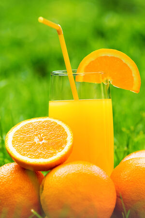 Fresh squeezed orange juice, in garden.の写真素材