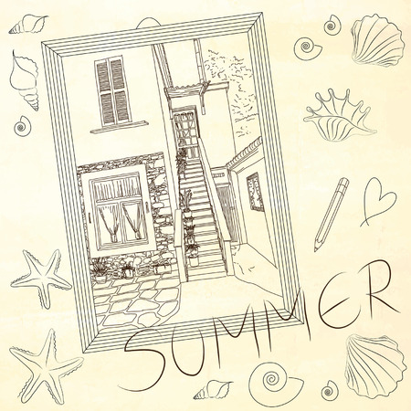 Summer time drawing. Wooden frame with sea shells. Vector illustration.のイラスト素材