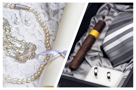 Wedding set. Groom and bride accessories next to wedding invitation and rings.  Image ID:388132930の写真素材