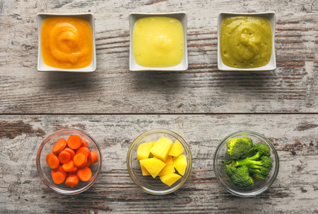 Baby mash with raw ingredients, on top of the wooden table. Top view.の写真素材