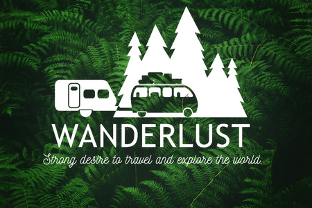 Wanderlust travel logo on green leaves background. Vector Illustration.の写真素材