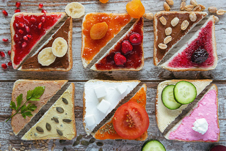 Top view of various sliced sandwiches.Healthy snack concept.の写真素材
