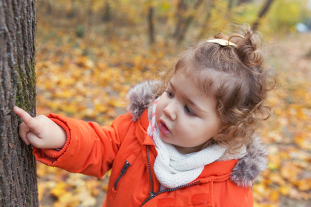 Autumn outdoor games. Cute toddler girl is exploring nature and having fun.の写真素材