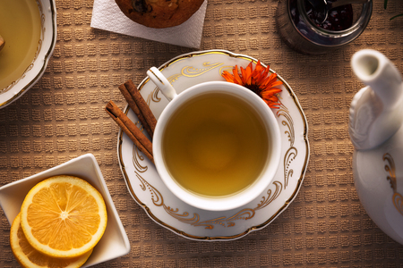 Beautiful arranged cup of tea, on top of the table.の写真素材
