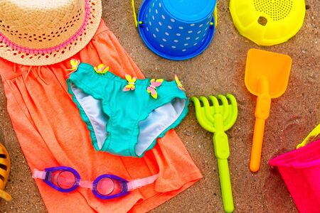 Close up of kids beach accessories.の写真素材