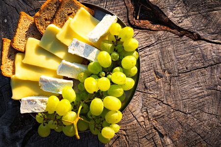Top view of cheese, white grapes and toast, on top of tree stump. Healthy snack in nature.の写真素材