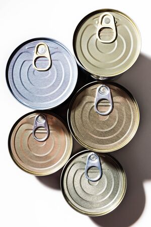 Overhead view of various unopened cans of food grouped together against white background.