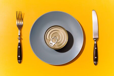 Top view of unopened can of tuna inside grey dining plate with cutlery next to it, isolated against...