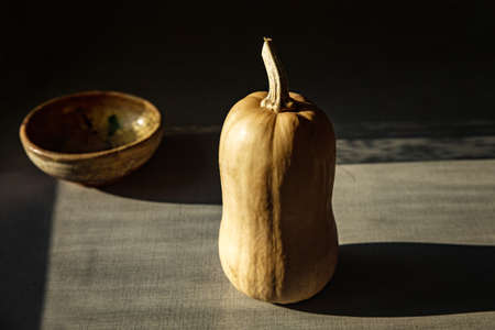 Yellow pumpkin on top of wood table with ceramic jar next to it.の写真素材
