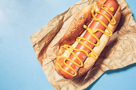 Top down view of freshly served hot dog, with copy space next to it.の写真素材