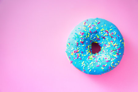 Overhead view of blue chocolate donut with sprinkles, isolated against colorful pink background, with copy space available.の写真素材