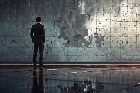 A businessman in a suit stands in front of a wall of puzzle pieces. The wall is grey and the puzzle pieces are missing many pieces. The floor is glossy and the sunlight reflects off of it.の素材