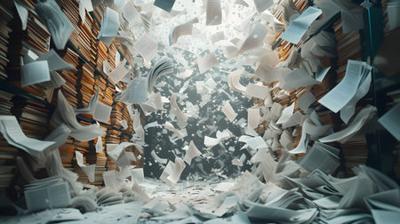 A dense archive of files and documents, with papers flying out and filling the space. Generative AIの素材