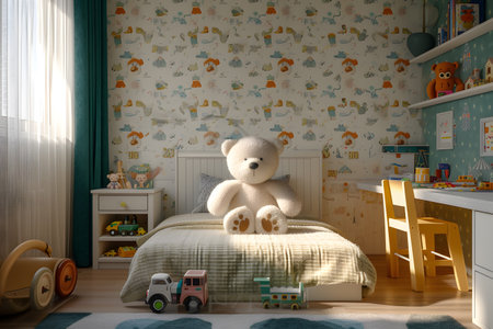 bear sitting on a fluffy bed and a soft sofa, surrounded by love and holiday decorations,の素材