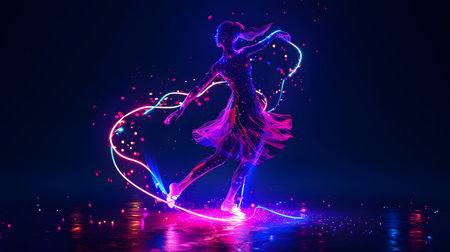 The enchanting silhouette of a woman dancing with a wand under the night sky, surrounded by a magical blend of pink stars, flowers, and disco lights, creating a captivating vector illustration embodyiの素材