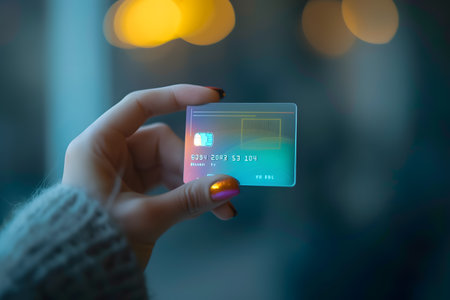 Credit card. Color hologram in woman's hand going shopping.の素材