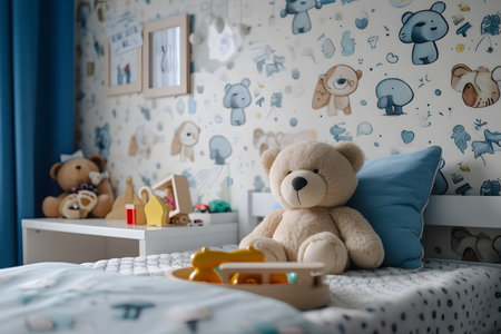 bear sitting on a fluffy bed and a soft sofa, surrounded by love and holiday decorations,の素材