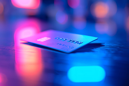 Credit card placed on a table amidst various items, including a smartphone, computer, and a book, representing a business and finance concept with elements of technology and communicationの素材